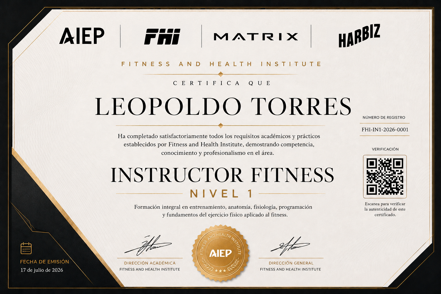 Certificado de ejemplo Instructor de Fitness Nivel 1
